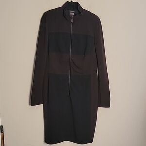 Akris Black Brown Long Sleeve Wool Dress Sz 14